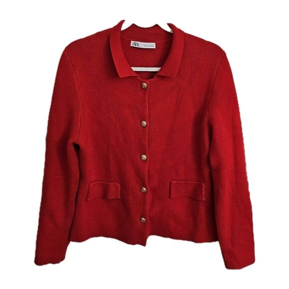 Zara Cardigan Large Red Knit Gold Button Collar Lapel Sweater Bloggers Fave NWOT - Picture 1 of 10